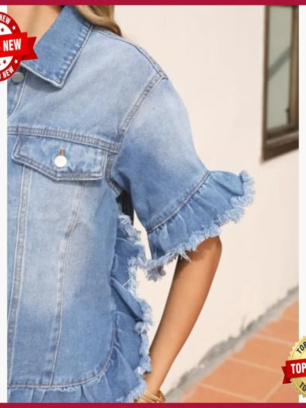Short Sleeve Denim Jacket Regular Fit Ruffle Hem Washed Cotton Blend_6